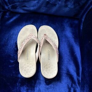 Vionic Beige Sandals with Sequined Thong Strap and Cushioned Footbed